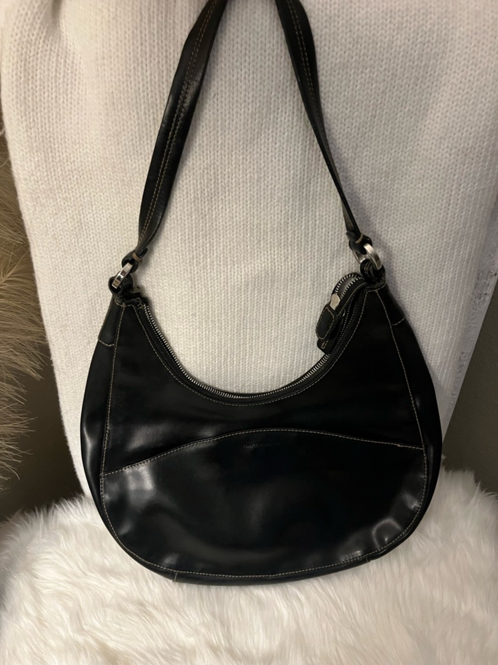 Francesco Biasia Black Crescent Leather Shoulder Bag